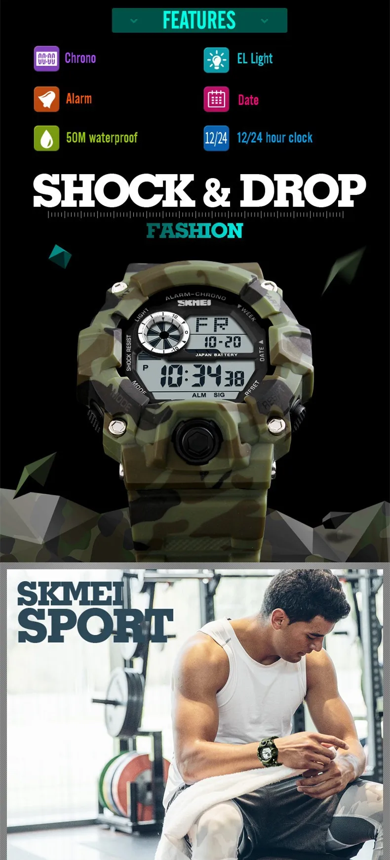 S SHOCK мужские спортивные часы SKMEI люксовый бренд камуфляжные военные часы цифровые светодиодные водонепроницаемые наручные часы Relogio Masculino