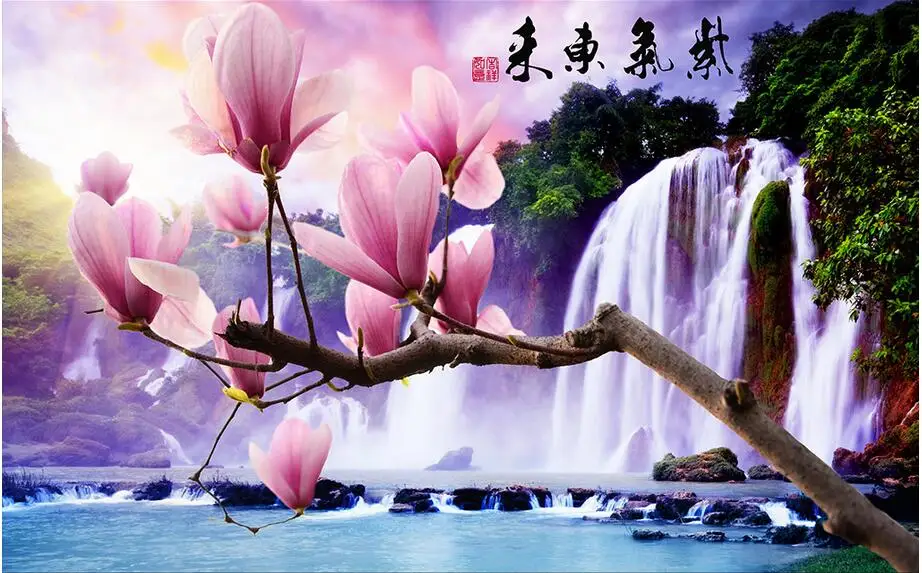 

3d wallpaper custom photo non-woven mural The waterfall lake flowers decoration painting 3d wall mural wallpaper for living room