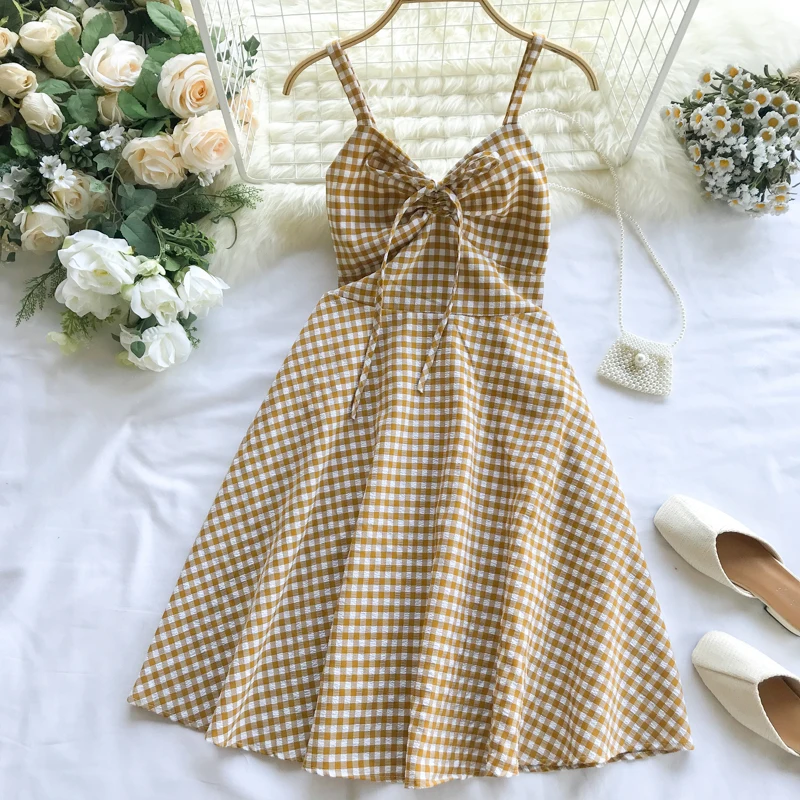 Женское платье с треугольным вырезом клетчатое студенческое на завязках 2019 |