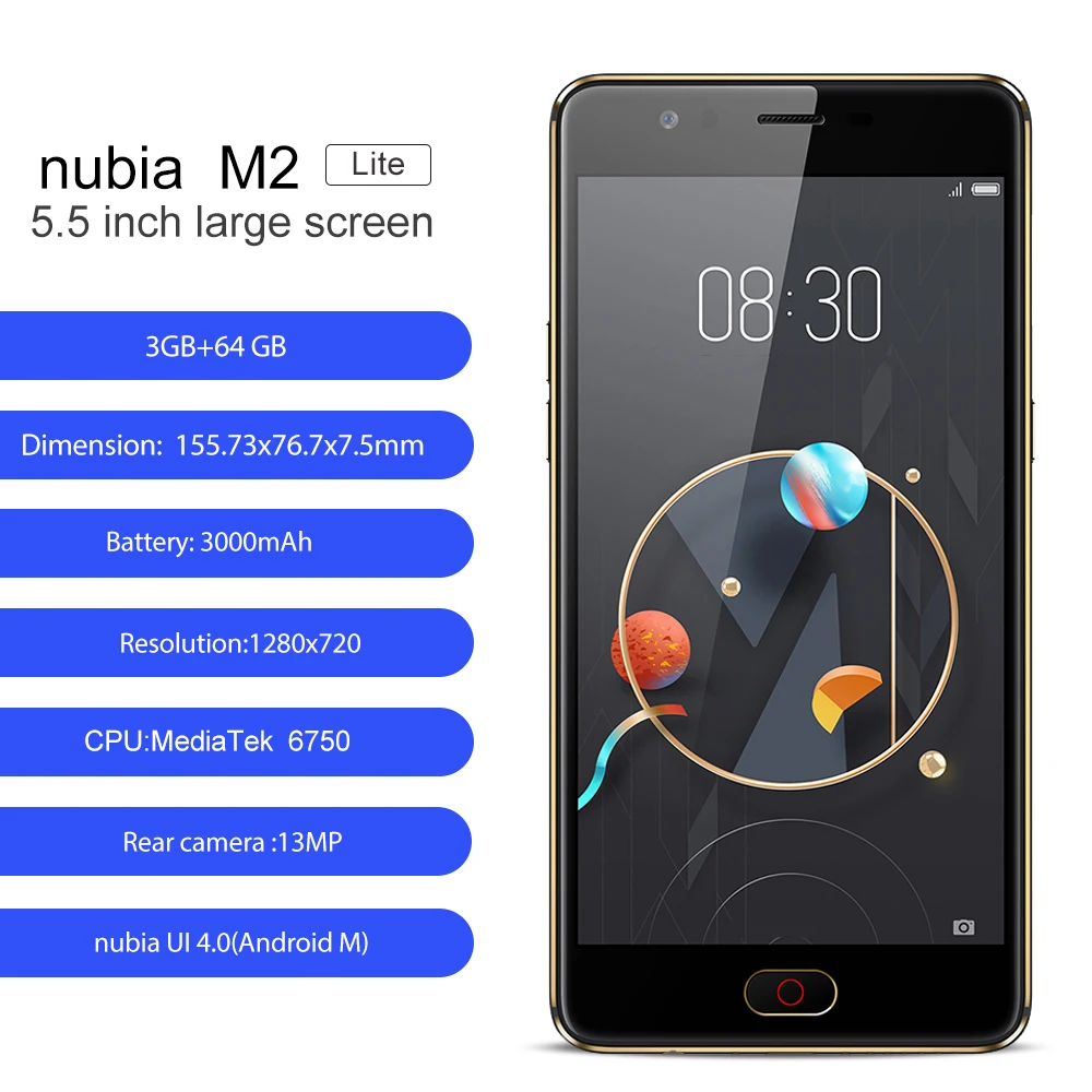 Оригинальный zte Nubia m2 Lite 3 ГБ 6 4G B LTE MT6750 Octa Core Android M 5 "16.0MP 3000 мАч Батарея смартфон с