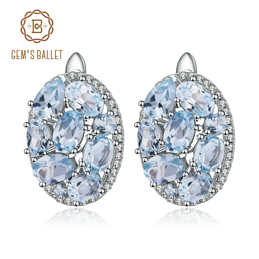 Серьги клипсы женские из серебра 925 пробы с натуральным голубым