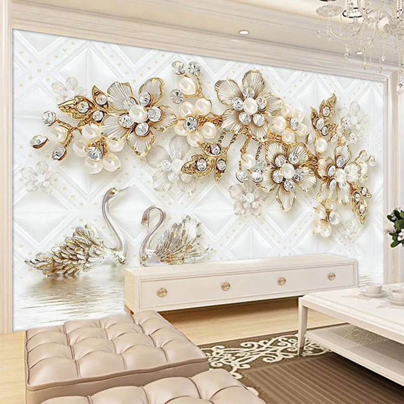 Настенные 3d обои в европейском стиле с изображением лебедя и цветов|fresco style|mural