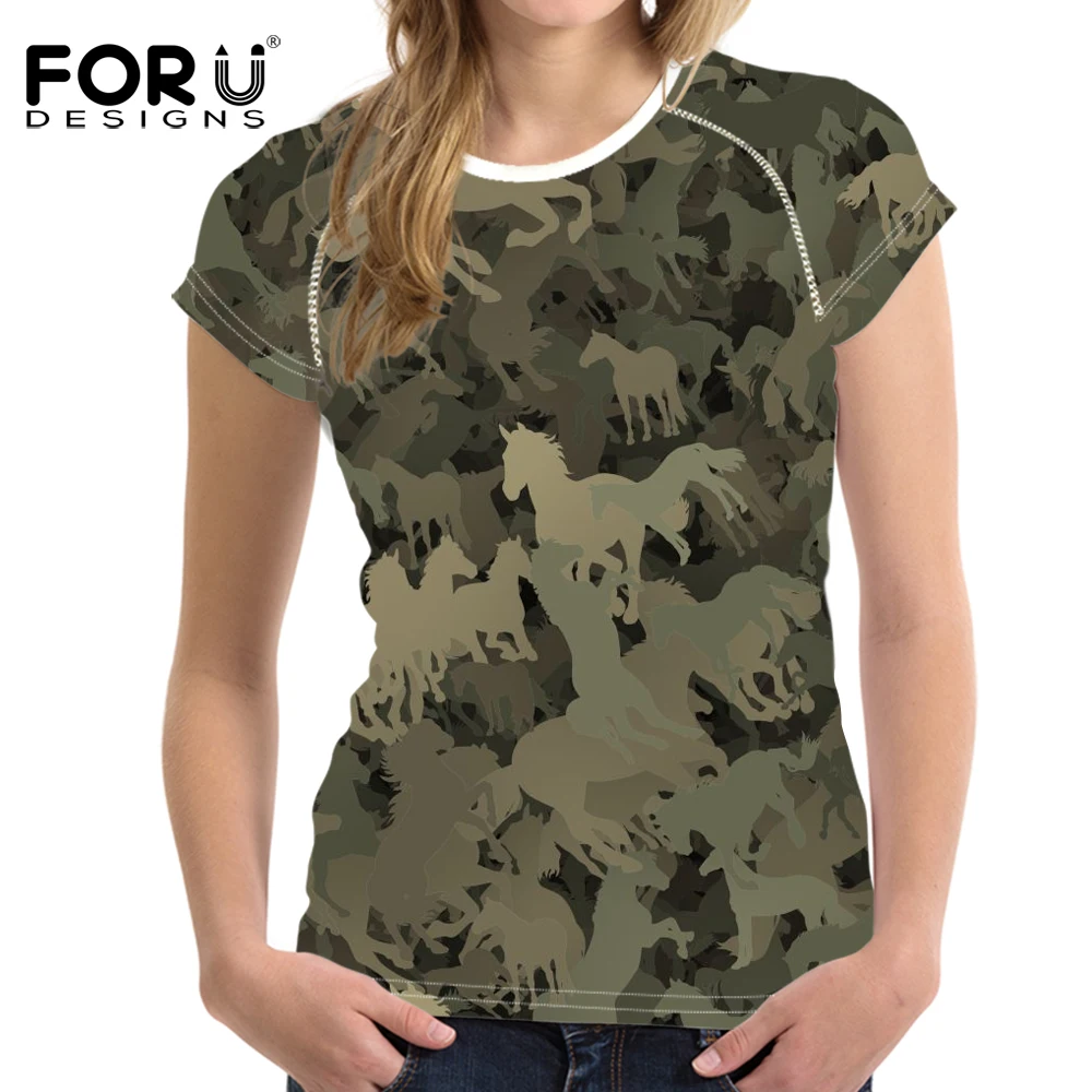 FORUDESIGNS/Военная камуфляжная футболка для женщин животных Harajuku рубашка с короткими