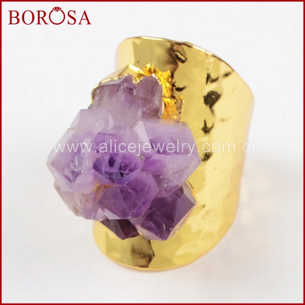 BOROSA оптовая продажа из друзы Золотой Цвет Грубый аметист кольцо высокое качество