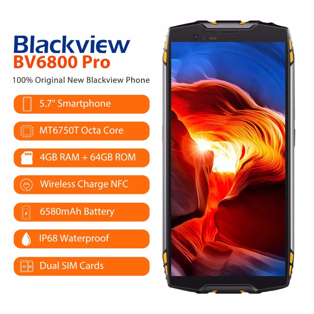 Мобильный телефон Blackview BV6800 Pro 5," смартфон IP68 Водонепроницаемый MT6750T Восьмиядерный 4 Гб+ 64 Гб 6580 мАч аккумулятор Беспроводная зарядка NFC