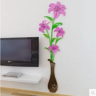 balck and purple Зеркальная ваза с лилиями акриловая 3D Наклейка на стену для гостиной спальни ТВ фон обои самоклеящаяся декоративная живопись - Цвет: balck and purple