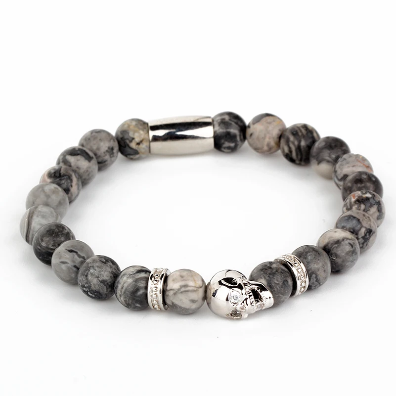 Skull Beads Bracelet New Women Charm Bracelets &amp Bangles Men Jewelry Gift Inlay Zircon White Gray Stone Pulseras BR058 | Украшения и