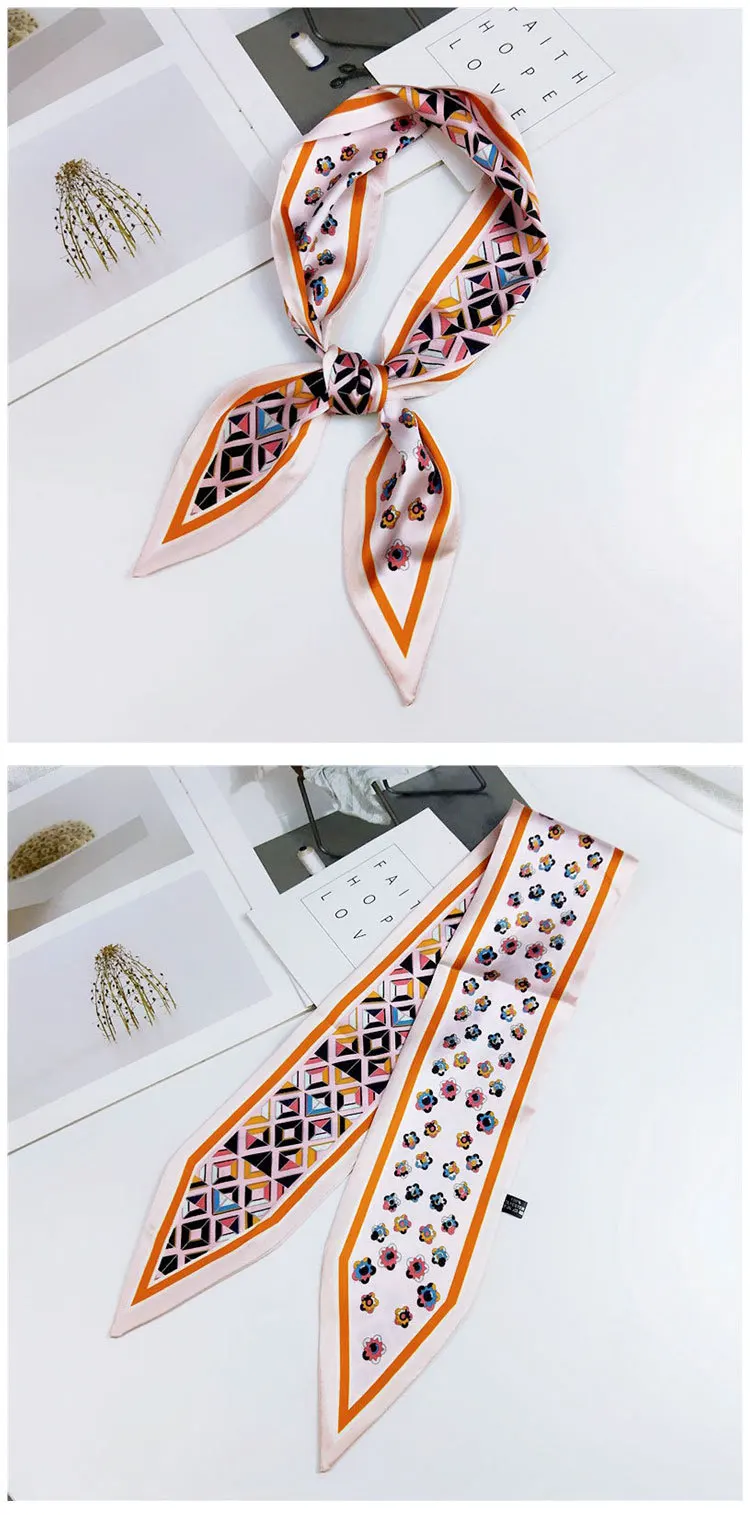 Fashion Hair Scarf For Women Neckerchief Cute Tie Wrist Ribbons Print Silk Satin Bag Scarfs Long Skinny Scarves For Ladies