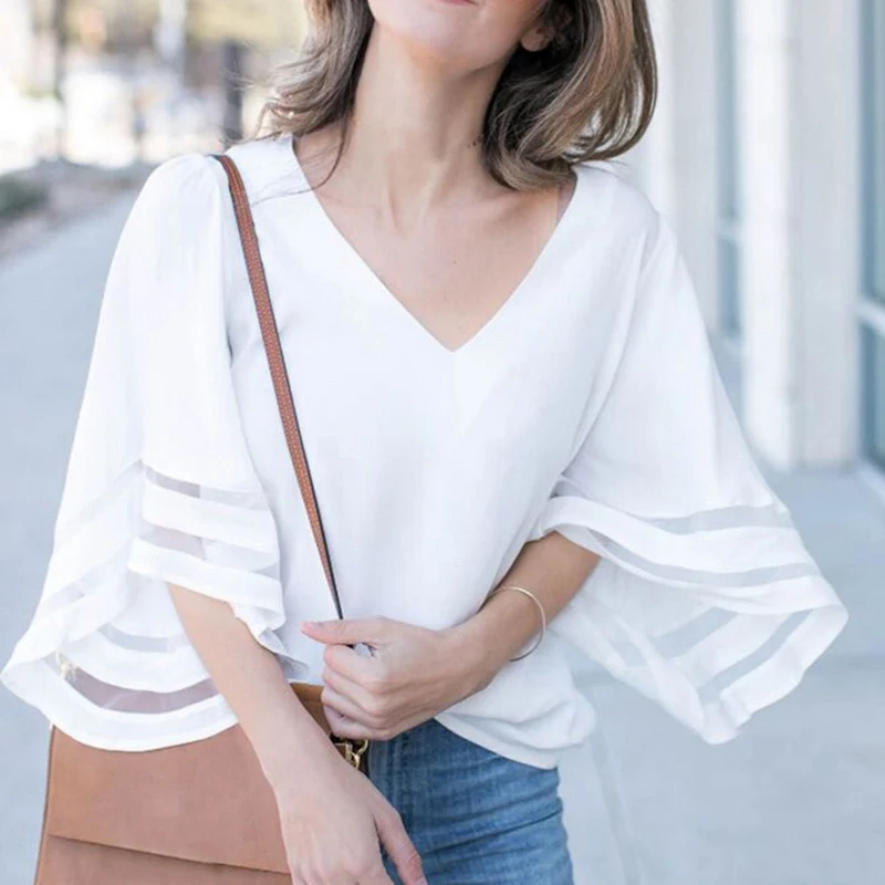 OEAK 3XL V-Neck Flare Sleeve Patchwork Shirts Summer Casual Loose Plus Size Women Chiffon Blouses Female Top vetement femme 2019 |
