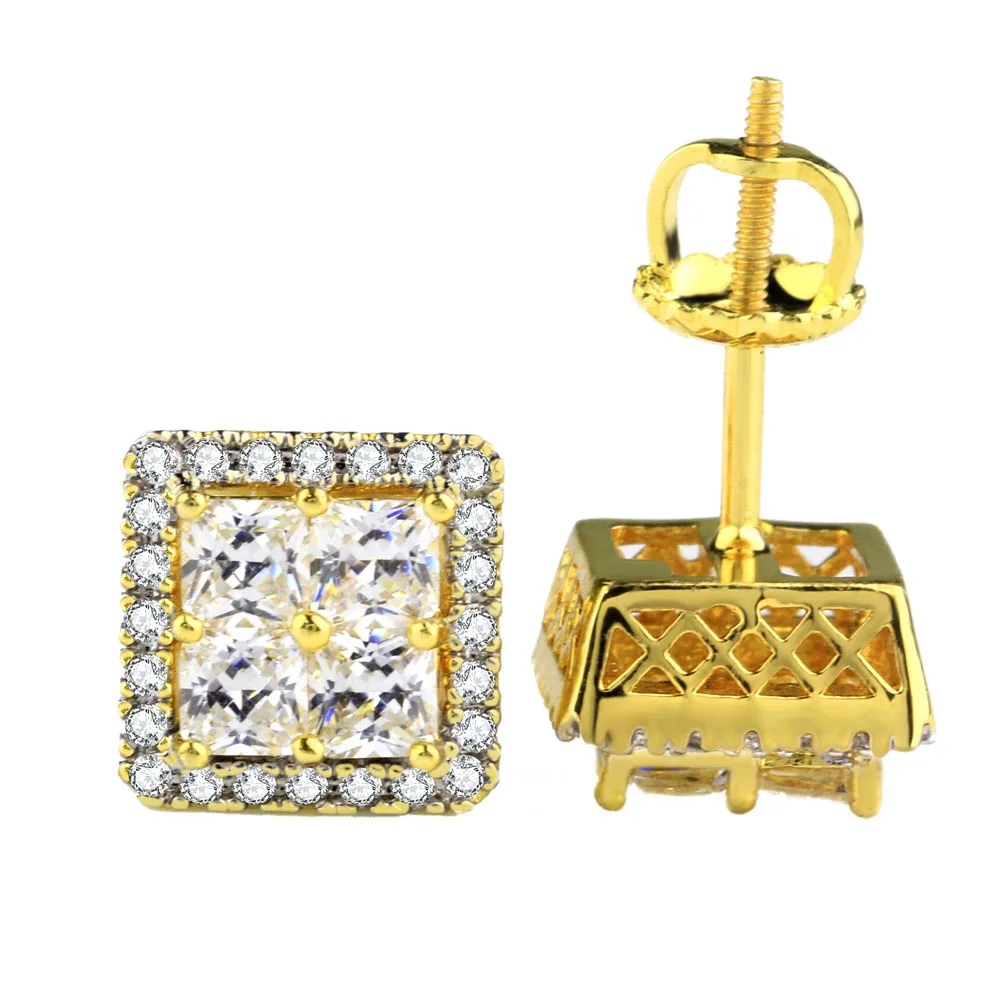 

OMYFUN Hot Men Earring Hip Hop Bling Cubic Zirconia Stud Earring Square Geometric 925 Sterling Silver Gold Color Silver Earrings