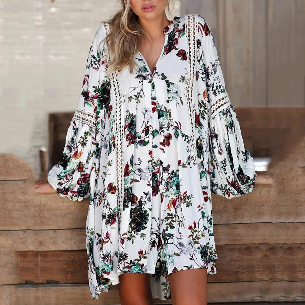 Женское мини платье с цветочным принтом Boho повседневное пляжное расклешенными