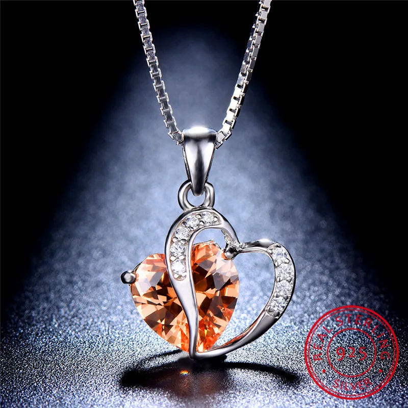 Female Austrian Crystal Heart Pendant Necklaces For Women 925 Sterling Silver Necklace Aquamarine Blue Green Stone Bride Jewelry | Украшения