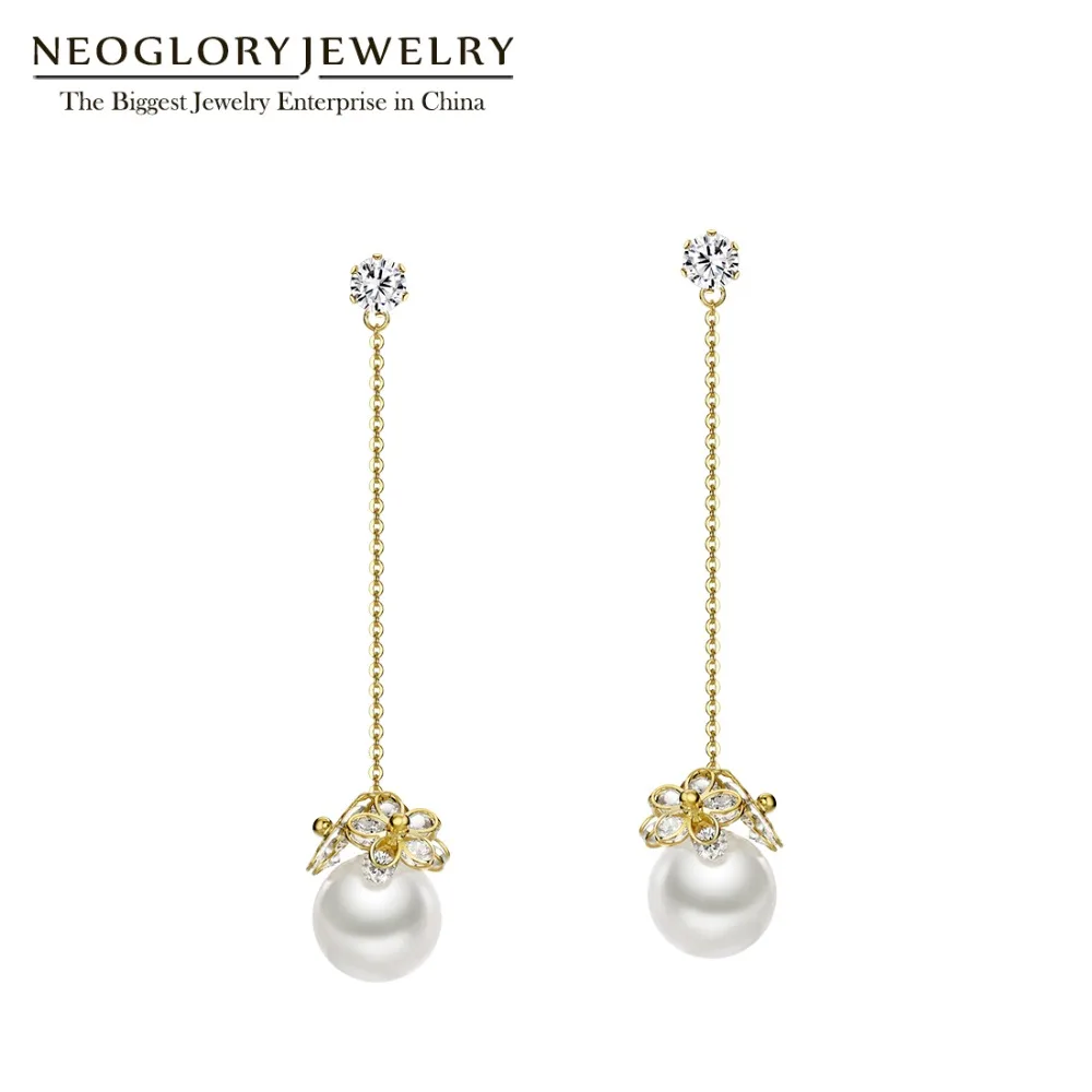 

Серьги-подвески Neoglory с имитацией жемчуга и цветком из циркония светло-желтого золота висячие серьги для женщин 2020 модные ювелирные изделия ...