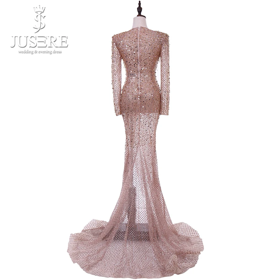 Real Photos Sexy Shiny Golden Illusion Long Sleeves Celebrity Dress With Crystals Tassel V Neck High Split Evening Dress