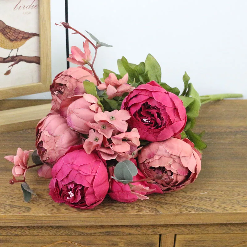 rose red JAROWN Моделирование Пион Искусственный Европейский пион букет Шелковый цветы Флорес свадебная студия фотографии украшения домашний декор - Цвет: rose red
