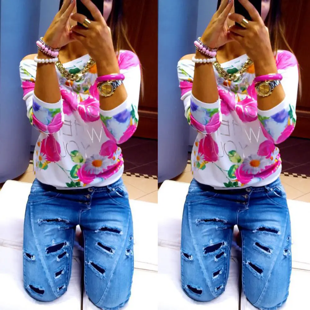 Цветочный принт Весна новая футболка Для женщин пикантные О образным вырезом с