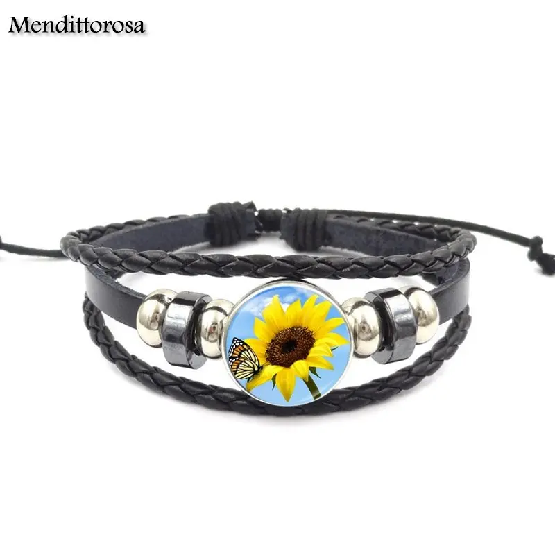 Браслет из черной кожи для девочек лучший подарок милой дочери сестры подсолнуха