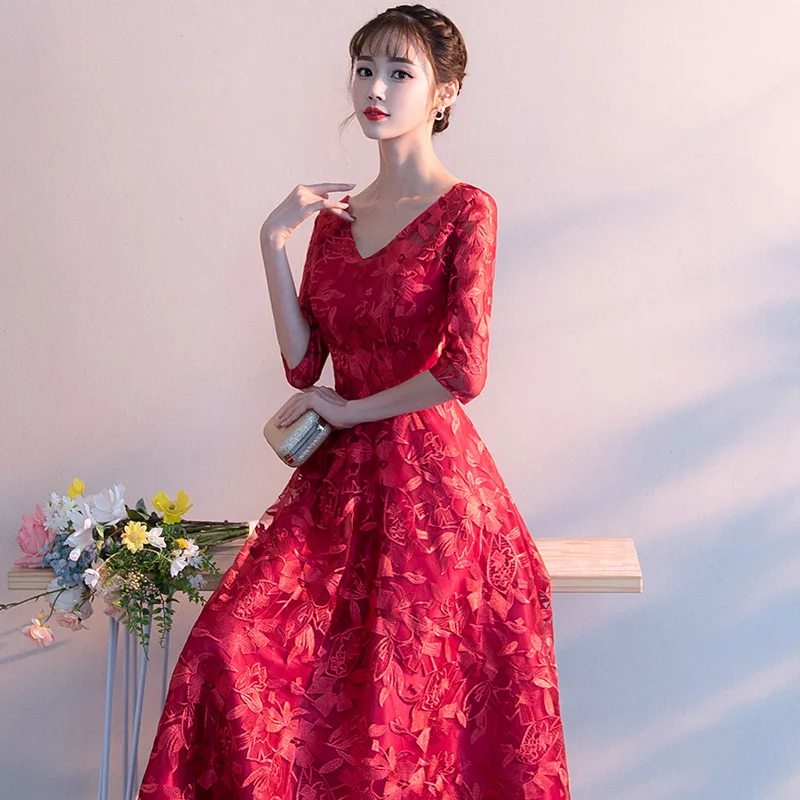 Винно-Красное длинное вечернее платье новинка 2020 элегантное кружевное