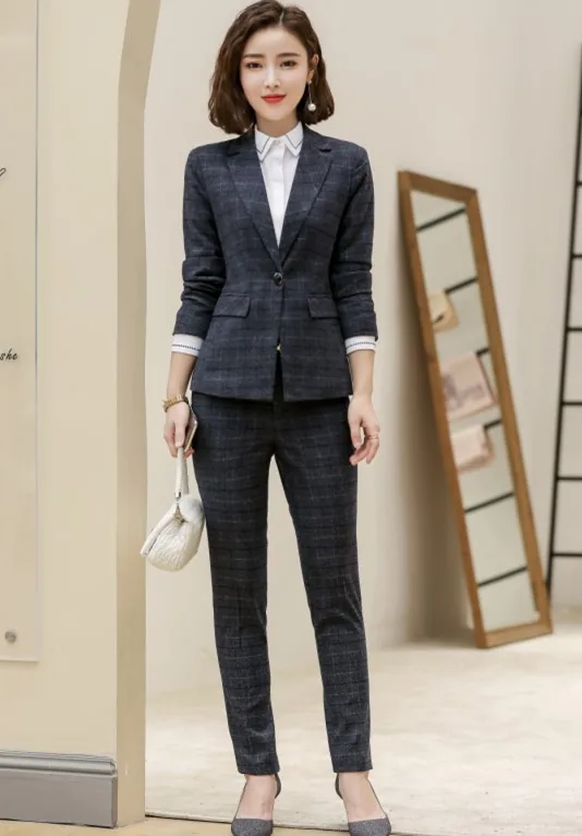 Navy coat and pants Новая мода клетчатые тонкие брюки костюмы OL профессиональный бизнес размера плюс с длинным рукавом Блейзер и брюки Офисная Женская одежда для работы - Цвет: Navy coat and pants