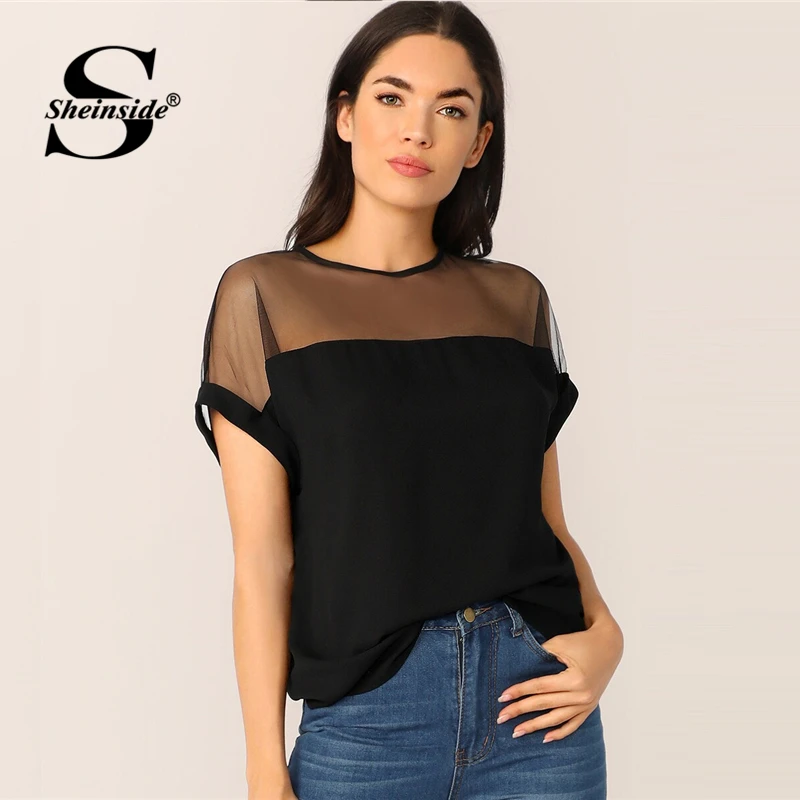 Sheinside Повседневная контрастная сетчатая Лоскутная Блузка женская летняя блузка с коротким рукавом женская однотонная блузка с вырезом на спине и пуговицей