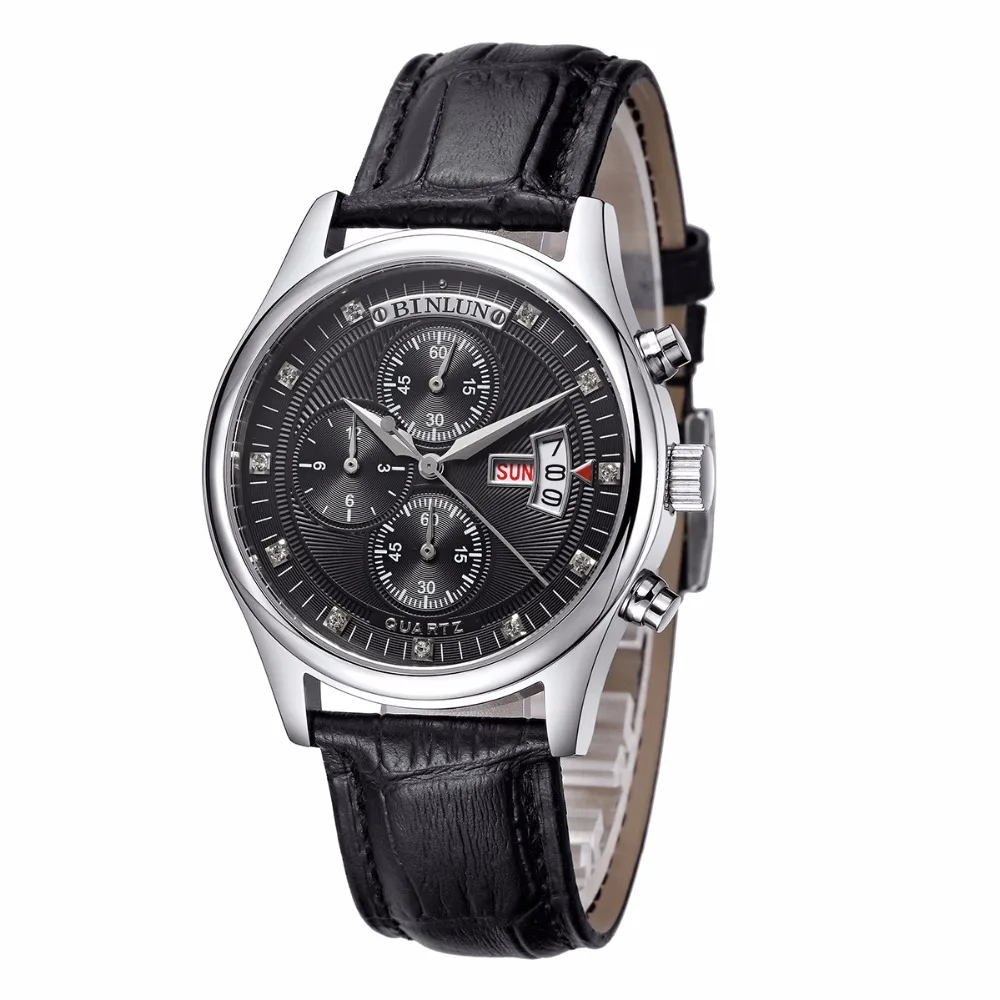 BINLUN мужские черные кварцевые часы из натуральной кожи многофункциональный