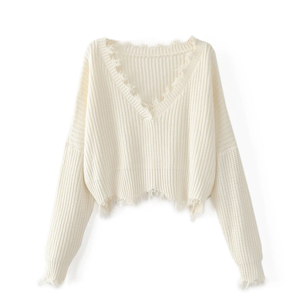 Autumn Winter Sweater Women 2019 V Neck Solid Warm Oversized Long Sleeve Casual Pullover Loose Tassel Knitted Sweaters | Женская одежда