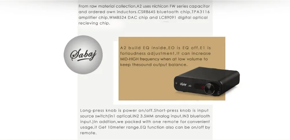 Sabaj цифровой усилитель Bluetooth A2 Портативный аудио усилитель Hifi Класс D встроенный AptX Bluetooth CSR 4,0 55Wx2 RMS черный, серебристый цвет