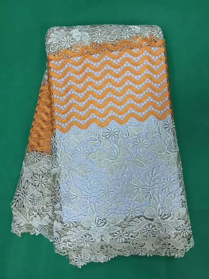 5 Y/PC Elegant gold flower design african mesh lace fabric with royal blue water soluble wave cord for dress DW19-7 | Дом и сад