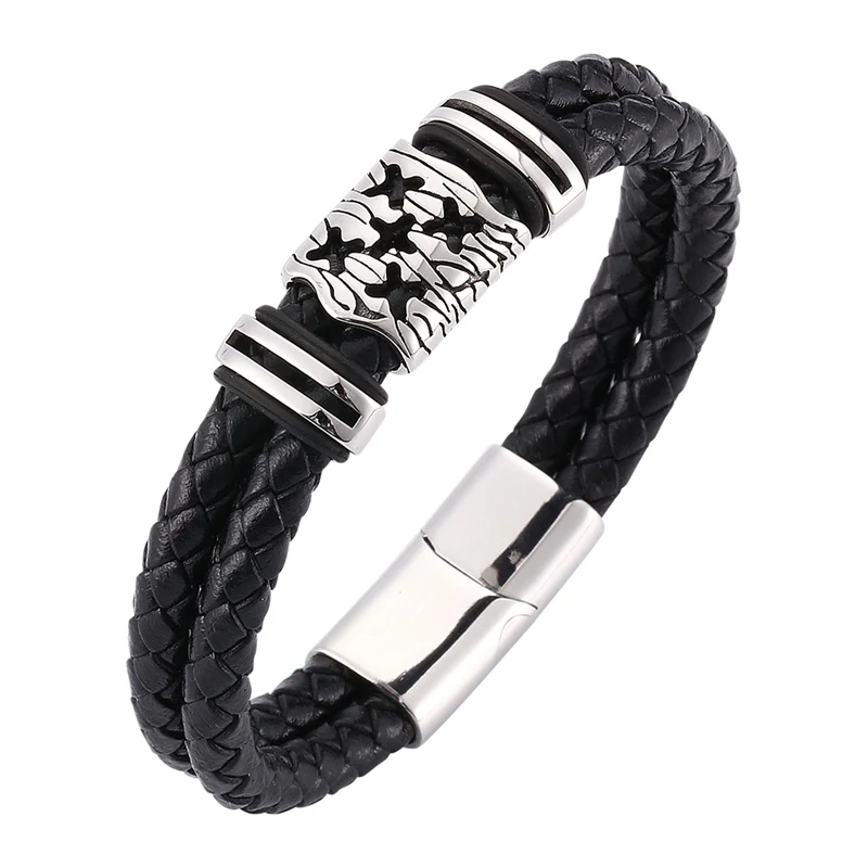 Steel color buckle Модные мужские ювелирные изделия двойной черный плетеный кожаный браслет трендовый нержавеющая сталь Магнитная застежка крутой человек браслет панк SP0078 - Окраска металла: Steel color buckle