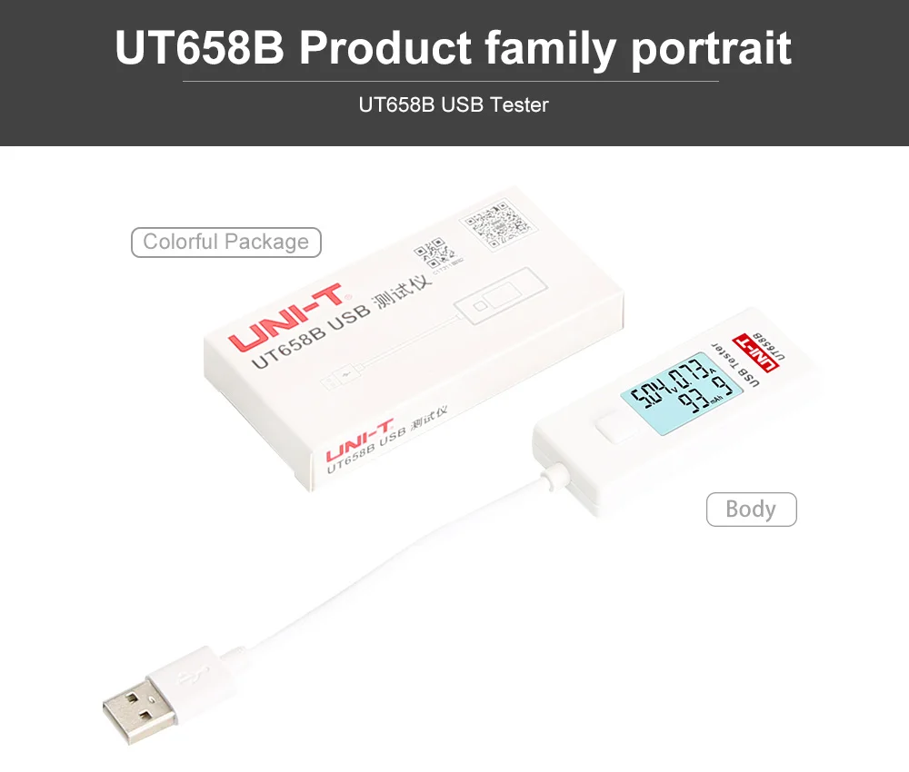 USB тестер UNI-T UT658 UT658B мобильный телефон ноутбук мобильный мощность безопасности монитор 3,0 V-9,0 V/0.0A-3.0A Предупреждение ЖК-дисплей
