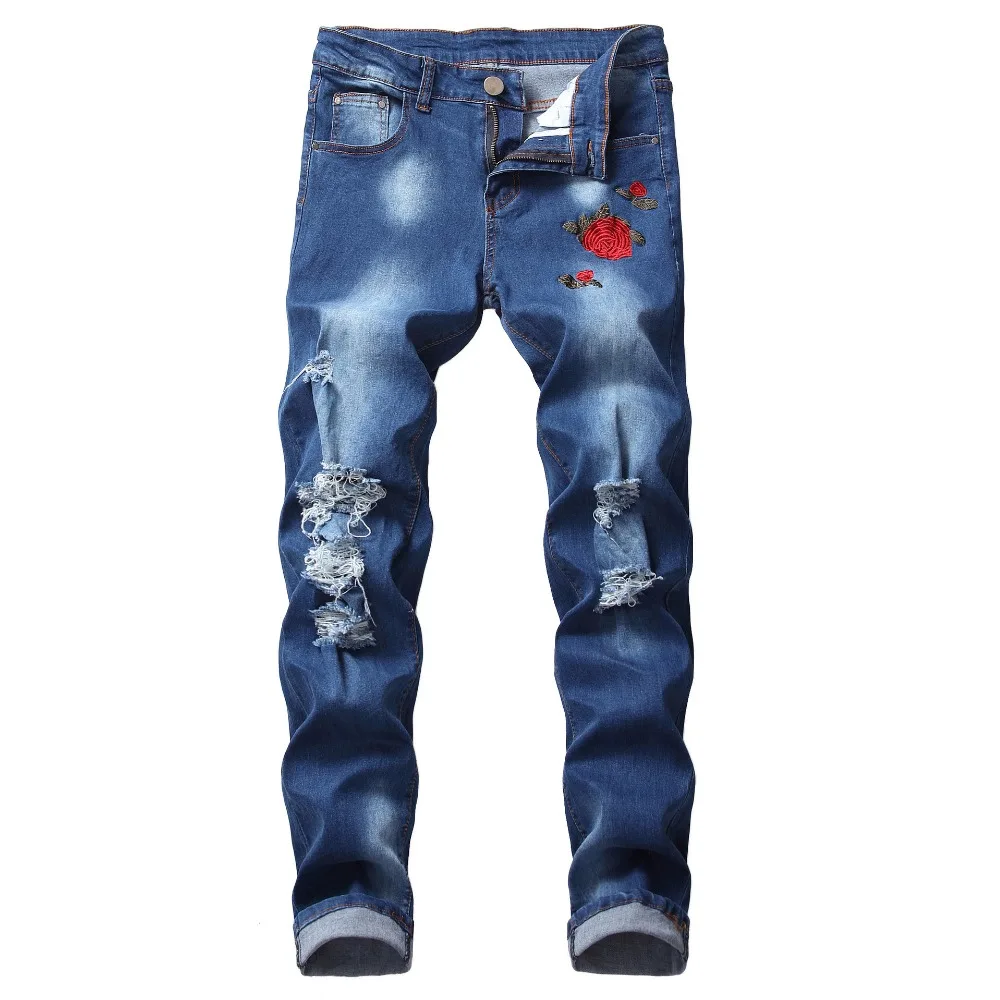 

Biker Jeans Men High Quality Vintage Hole Elastic Embroidered Jeans Fashion Pant Male Slim Denim Trouser Plus Size 42