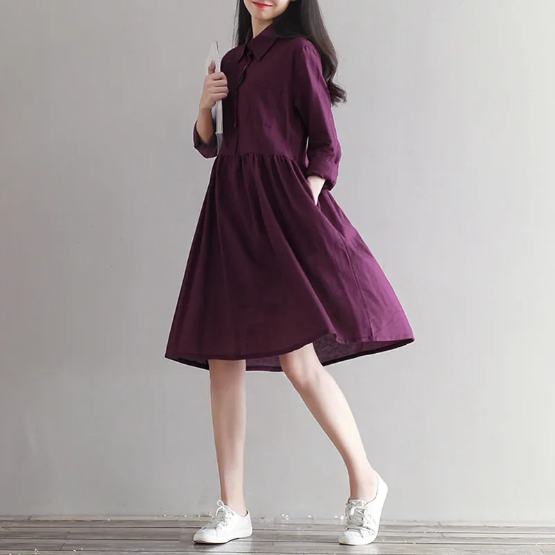 Женское платье трапеция из хлопка и льна с длинным рукавом|women autumn dress|a-line dressautumn