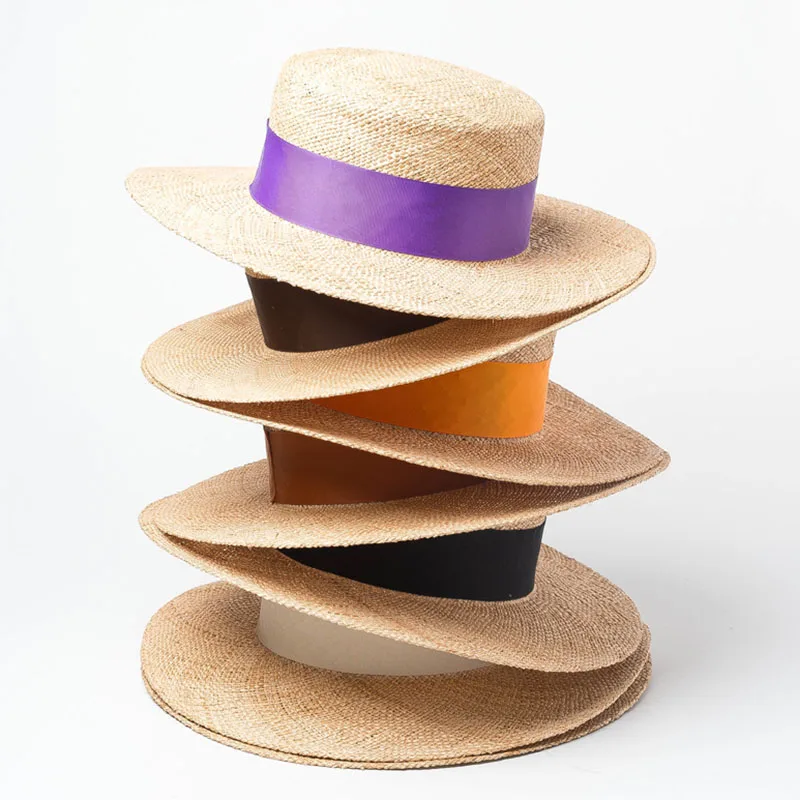 

New Fashion Straw Hat for Women Men Flat Top Ribbon Band Wide Brim Summer Hat Boater Beach Sun Cap Derby Wedding Church Fedoras