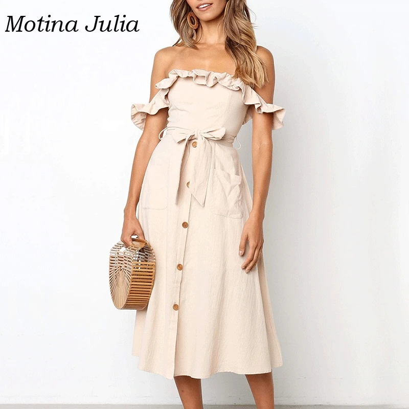 Motina Julia off shoulder ruffle dress women button front bow midi bohemian beach female vestidos pockets | Женская одежда