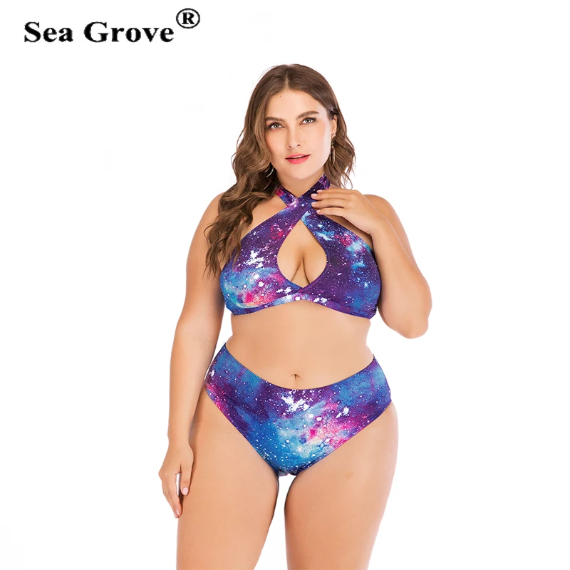 2019 Женский комплект бикини 4XL 5XL плюс Размер Galaxy печати Холтер купальник крест