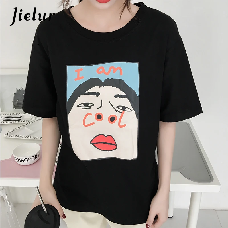 Jielur 2019 Kpop крутые Специальные футболки с принтом женские милые шикарные черные