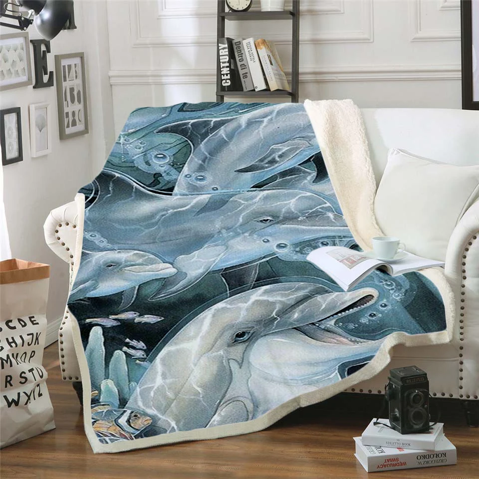 Plstar Cosmos Cute dolphin colorful animal Blanket 3D print Sherpa on Bed Home Textiles Dreamlike style-2 |