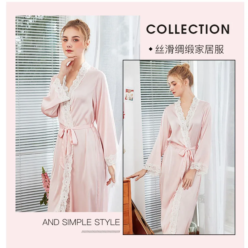 Women pajamas Lace Female Robe Silk Kimono Bathrobe 2019 Spring Summer Sweet Elegant Bride Robes Satin Dress | Женская одежда