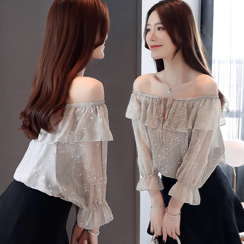 Plus Size Tops Women Long Sleeve Shirts and Blouses Slash Neck Floral Bow Blouse 3535 50 | Женская одежда