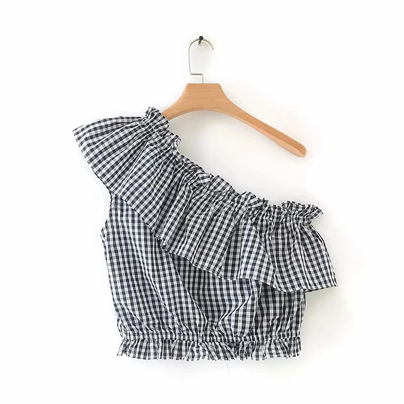Женская модная классическая клетчатая короткая рубашка с одним плечом 2019