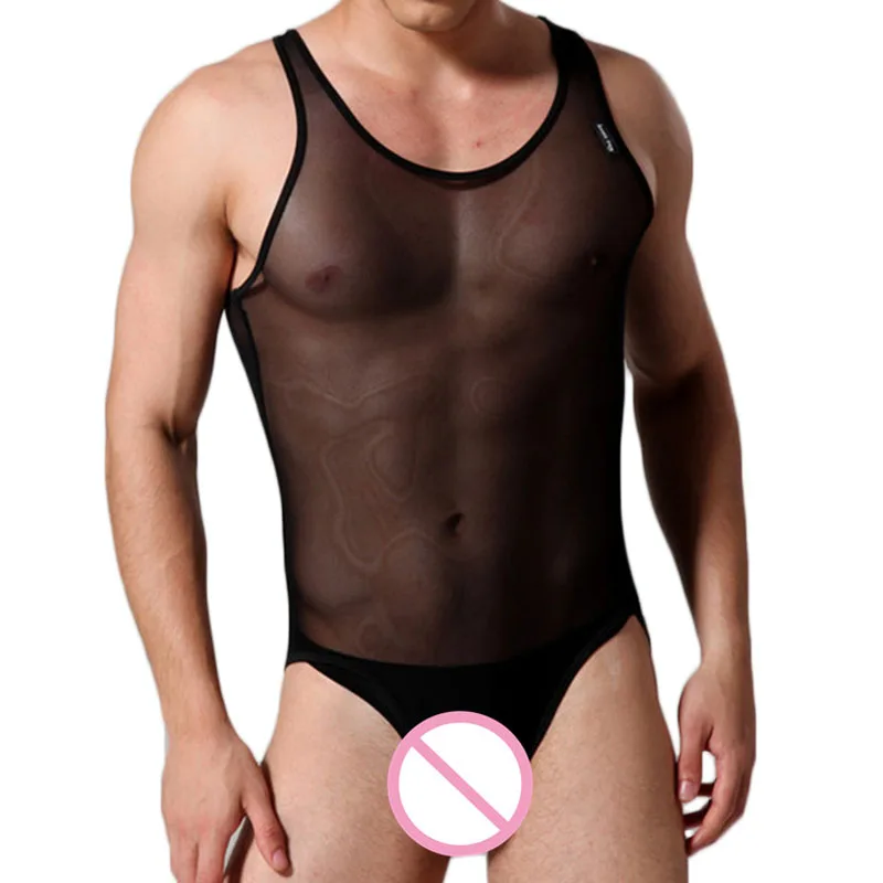 Sexy Undershirts Lingerie Men's Bodysuit Transparent Mesh Bodysuit Ultra-thin Sexy Sleeveless Slim Pajamas Men Undershirts