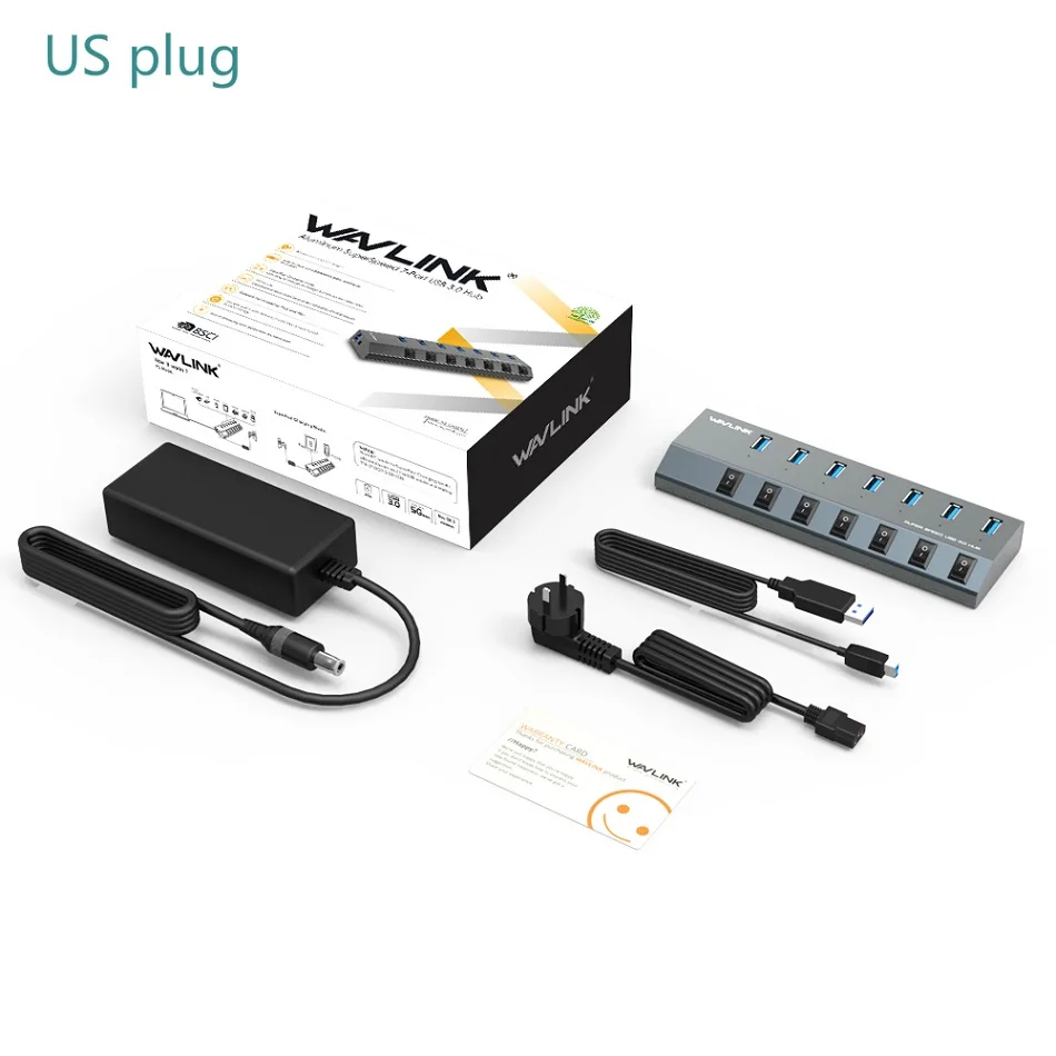 WL-UH3076-A-US Wavlink алюминиевый usb-хаб 3,0 с адаптером питания Переключатель ВКЛ/ВЫКЛ высокоскоростной 4/7 портов USB 3,0 концентратор EU/US/UK Разъем для ноутбука MacBook - Цвет: WL-UH3076-A-US