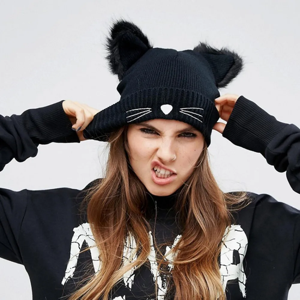 

Women Baggy Warm Crochet Winter Hat For Women Wool Knitted Womens Cute Cat Ears Kids Mink HatsFur Pompom Caps