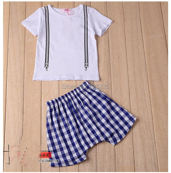Retail 2014 summer new cotton Boys plaid strap Leisure suit Children's short-sleeved Free shipping | Тематическая одежда и