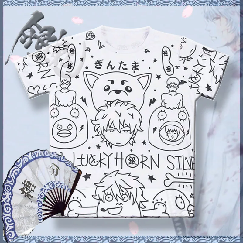 

GINTAMA костюм Саката гинтоки Harajuku футболка с принтом, с круглым вырезом рубашка с коротким рукавом