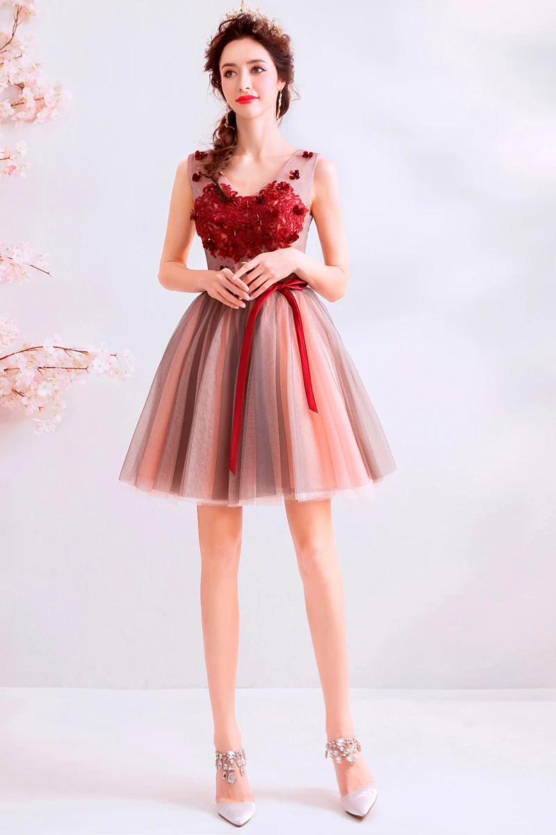 Женское короткое коктейльное платье Ever Pretty розовое мини с красным кристаллом для