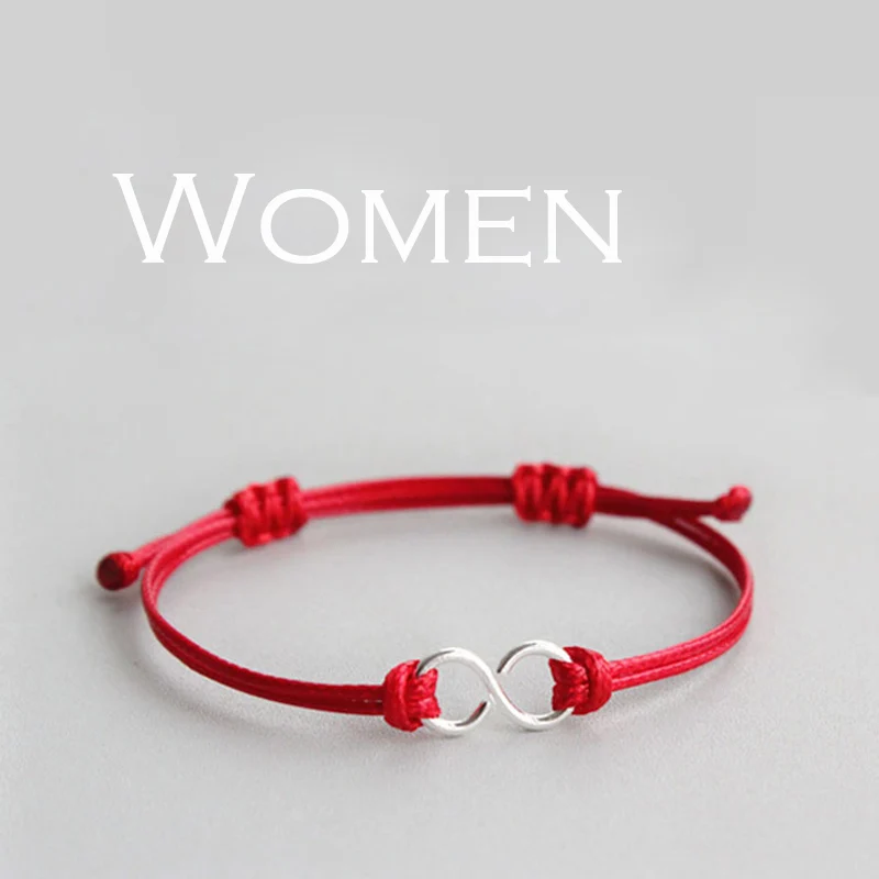 womenredsilver 925 пробы, серебряный браслет, пара, восемь, красная веревка, женские браслеты, Красная Нить, линия, браслеты для женщин, серебро, 925, для мужчин - Окраска металла: womenredsilver