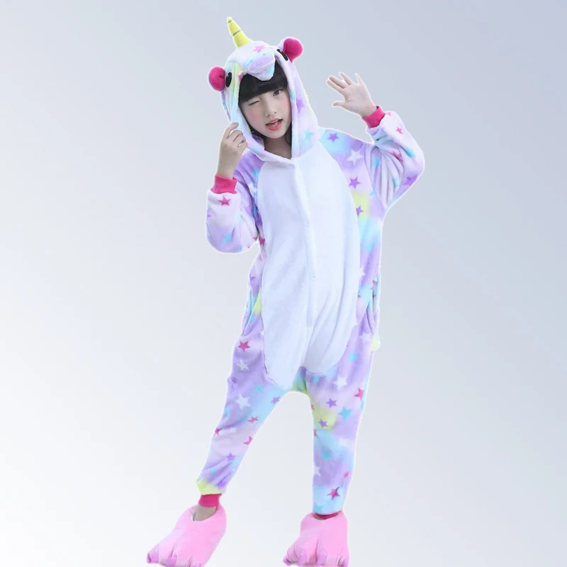 Kids Animal Stars Unicorn Pajamas For Boys Girls Flannel Cartoon cosplay Children Sleepwear Cute Hooded Pijamas Onesies 4-12Year | Детская