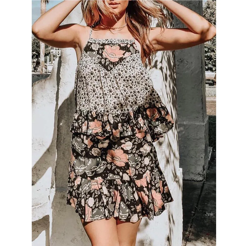 Lncdis Новое повседневное весеннее богемное цветочное мини платье с открытыми