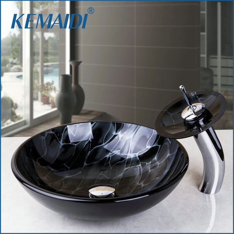 

KEMAIDI Victory Hand Painting Artistic Basin Sink Washbasin Counter Glass Sinks with Faucet Sink Sets Thunder lightning figure